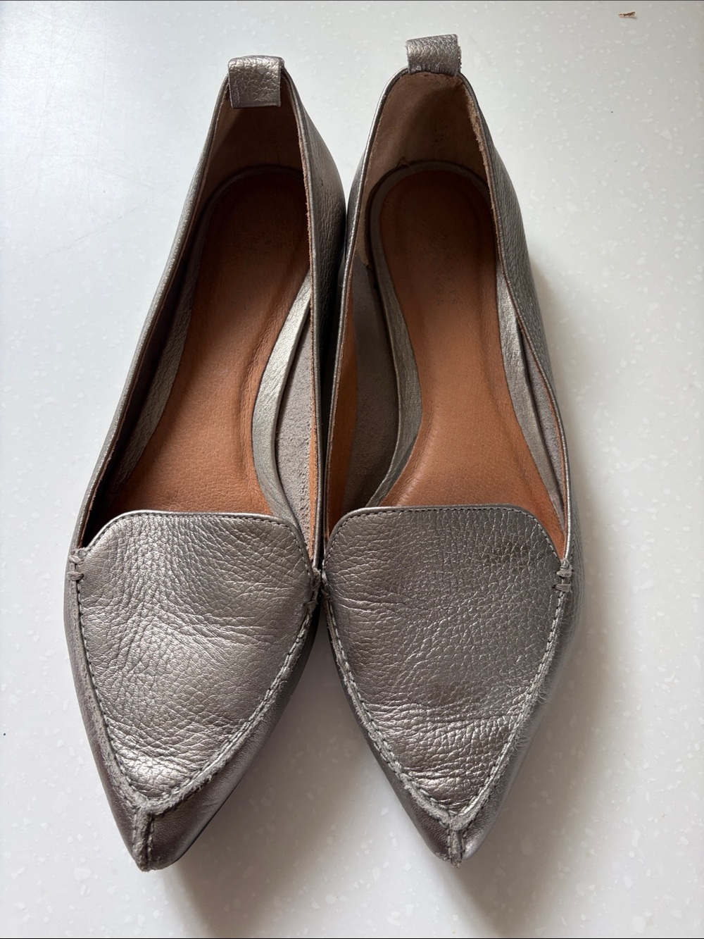 Barneys New York Metallic Silver Pointed-Toe Leather Flats